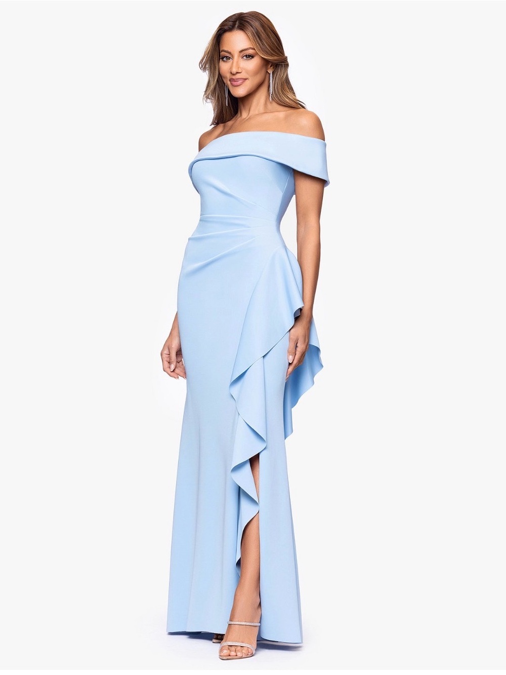 Xscape Women's Off-The-Shoulder Ruffled Side-Slit Gown/ Light Blue/Size 14. R9A